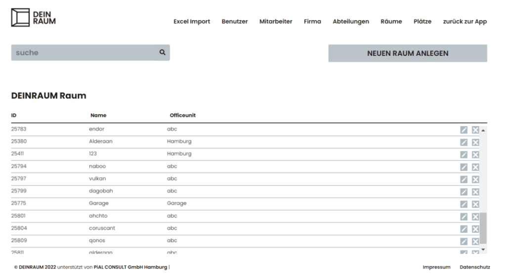 Display of the management of locations in the admin area in the desk sharing software