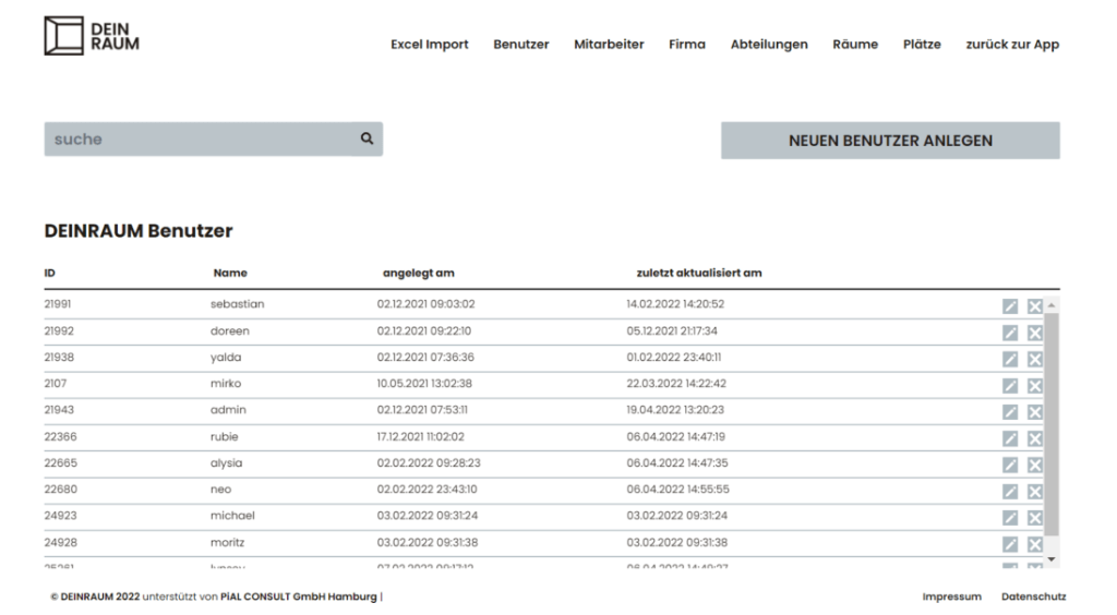 Display of the user administration in the admin area in the workstation booking software