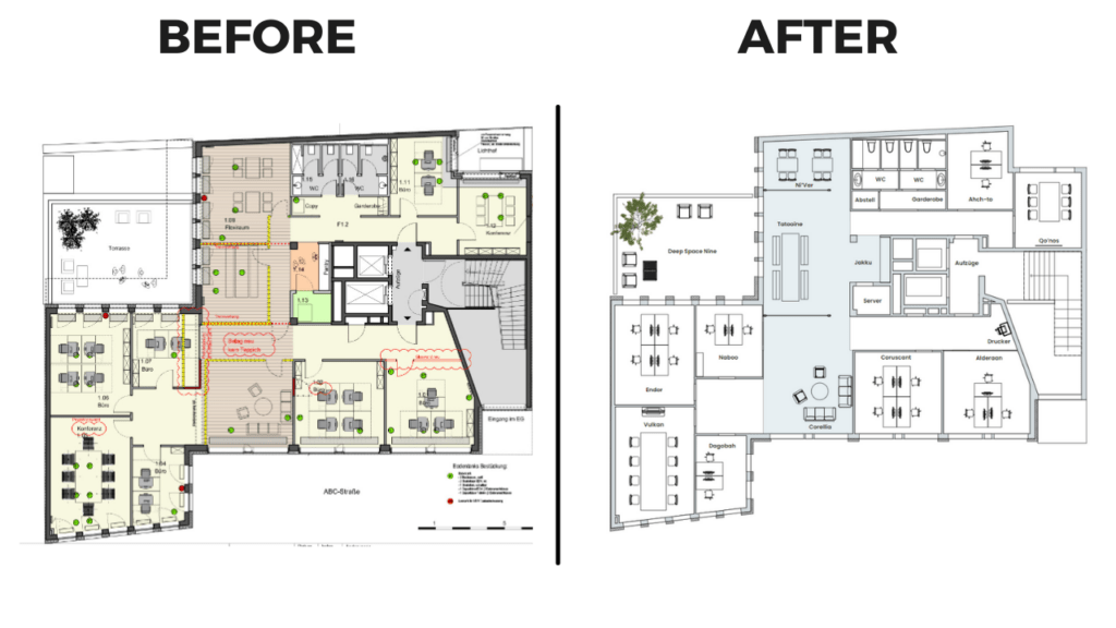Floor plan before and after