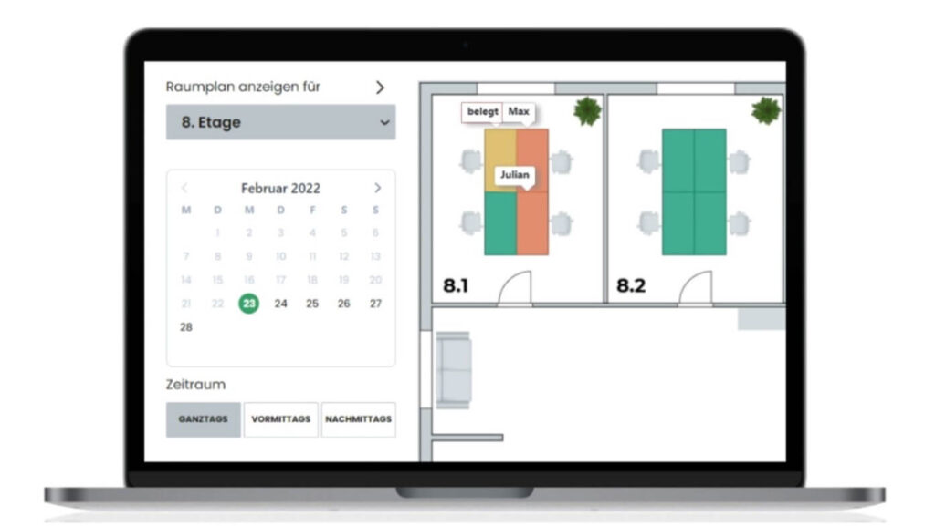 Desk Sharing Overlay in Laptop with floor plan and calender