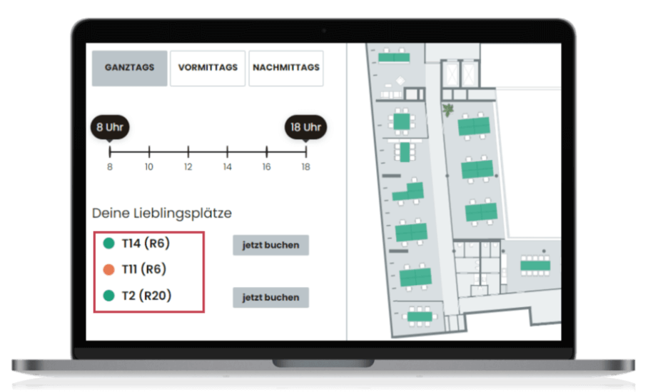 Laptop with desk sharing overlay and multiple favorite places booked