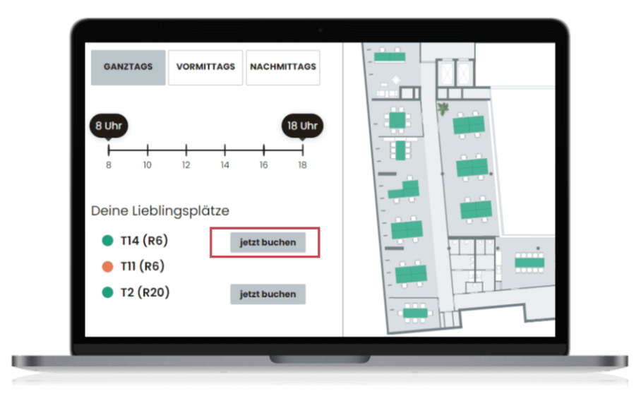 Laptop mit Desk Sharing Overlay und Lieblingsplatz um schneller zu buchen