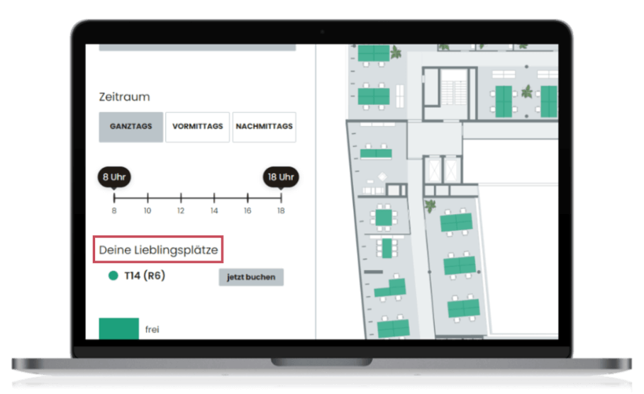 Laptop mit Desk Sharing Overlay und gebuchtem Lieblingsplatz