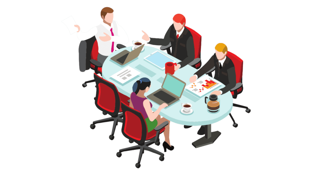 4 Mitarbeiter arbeiten an einem Konferenztisch
