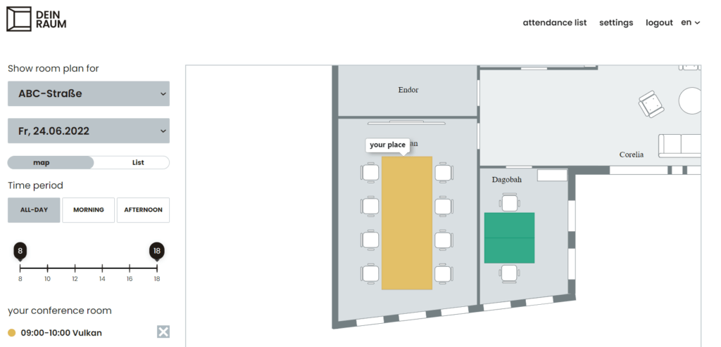 Darstellung der Buchung von Konferenzräumen in der Desk Sharing Software DEIN RAUM