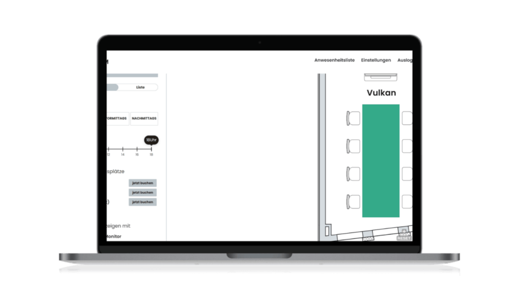 Laptop mit Grundriss eines Konferenzraumes im Desk Sharing Overlay