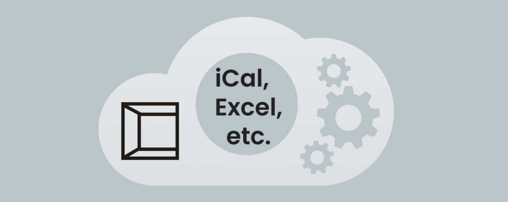 DEIN RAUM logo and gears in a cloud and the connections to iCal and Excel