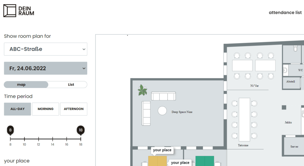 Representation of the locations in the desk sharing software 