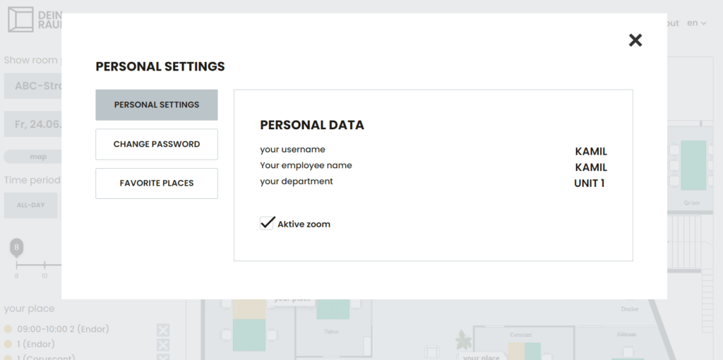 Display of personal settings in the desk sharing software