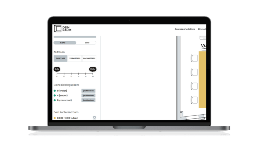 Laptop mit Dashboard eines Konferenzraumes im Desk Sharing Overlay