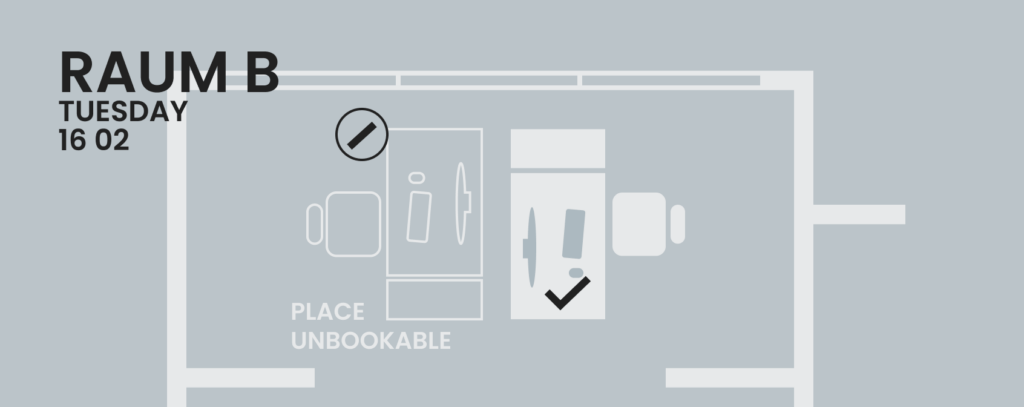 Floor plan in an office with bookable and unbookable workstations and the room labeling