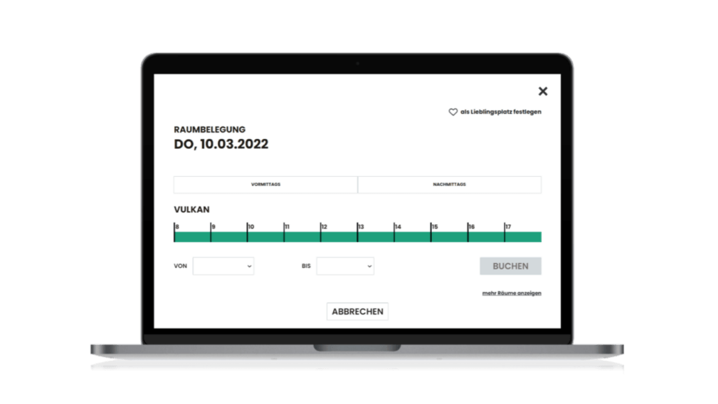 Laptop mit Buchungsfenster eines Konferenzraumes im Desk Sharing Overlay