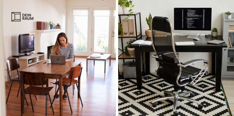 Das Bild ist zweigeteilt. Links arbeitet eine Frau am Küchentisch im Wohn-/Esszimmer. Rechts ist ein gut eingerichteter Arbeitsplatz zu Hause, mit einem ergonomischen Stuhl, externen Monitor, Maus, viel Ablagefläche, Pflanzen und Teppich.