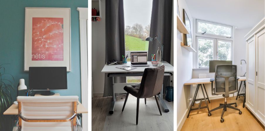 Drei verschiedene Beispiele von kleinen Arbeitsbereichen zu Hause - ein Minitisch direkt an einer Tür, ein Kinderschreibtisch und ein kleiner Bereich hinter einem Kleiderschrank.