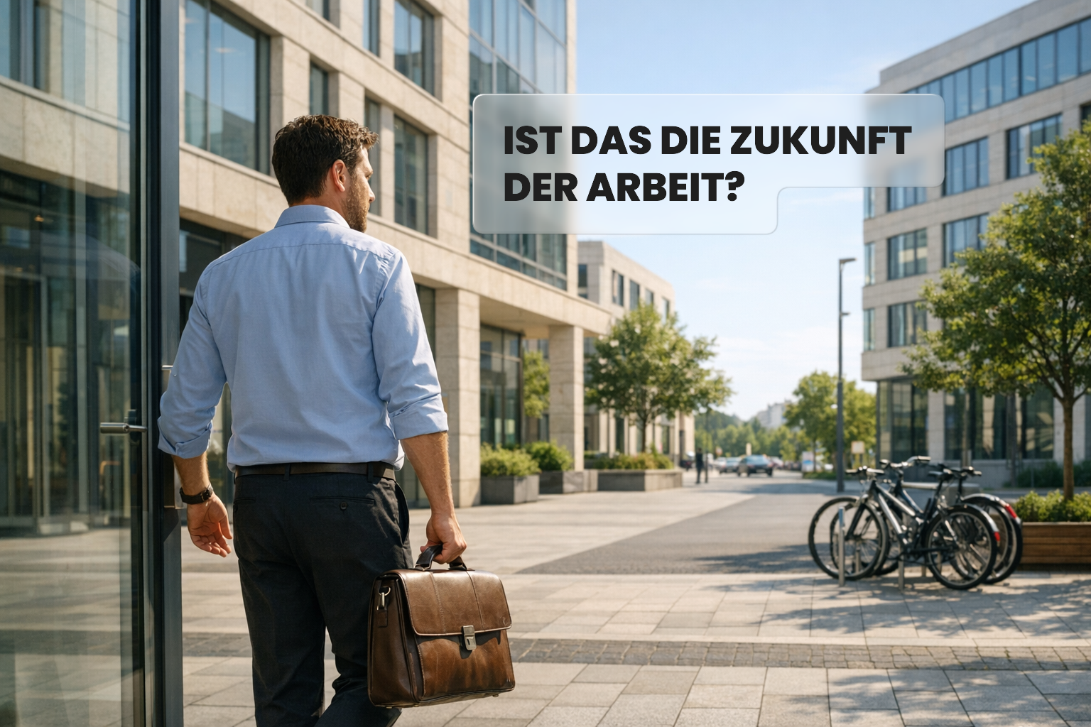 A person with a briefcase enters a modern office building, alongside the text “Is this the future of work?” as a visual framing of the 30-hour workweek.