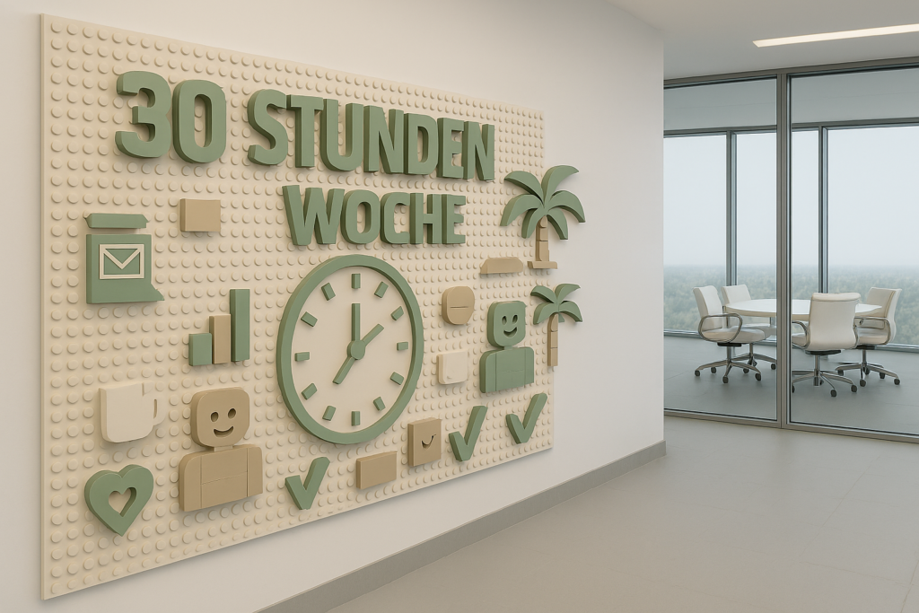 Wandinstallation mit der Aufschrift „30 Stunden Woche“, Uhrsymbol und Icons in einem modernen Büroflur als visuelle Darstellung der 30 Stunden Woche.