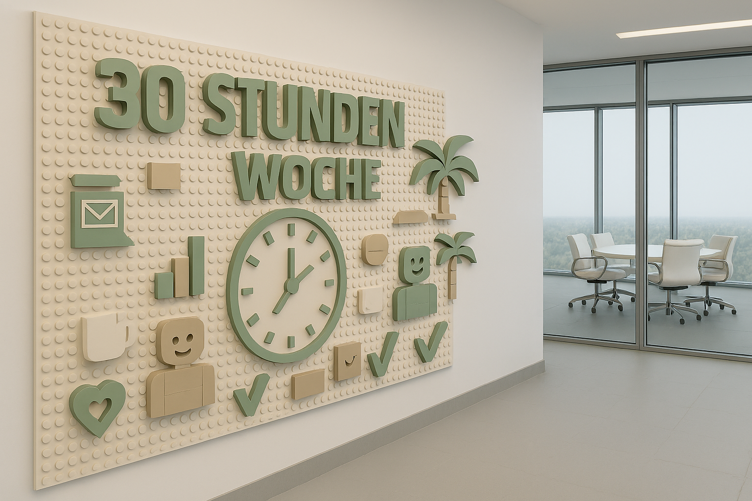 Wall installation featuring the lettering “30-hour workweek,” a clock symbol, and icons in a modern office corridor as a visual representation of the 30-hour workweek.