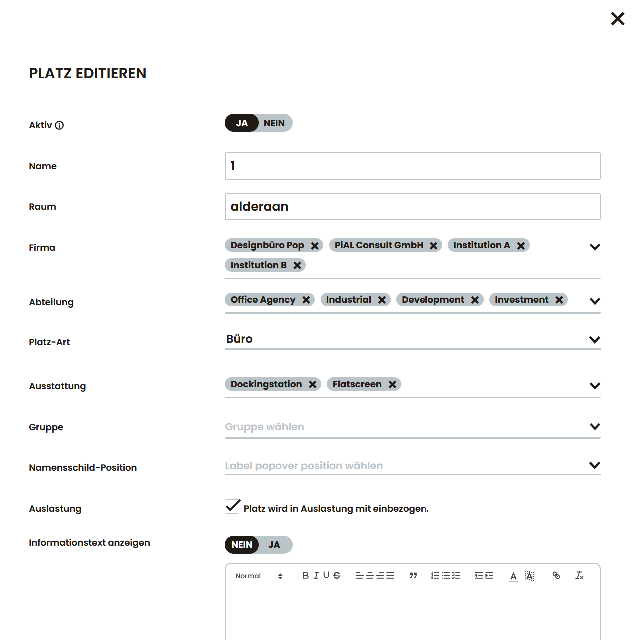 Bearbeitungsmaske zur Konfiguration eines Arbeitsplatzes mit Angaben zu Raum, Firma, Abteilung und Ausstattung.