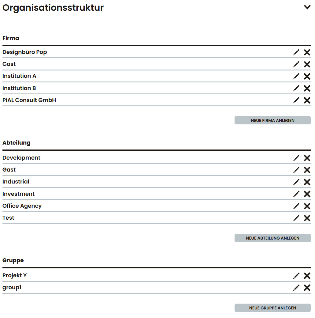 Verwaltungsansicht zur Anlage und Bearbeitung von Firmen, Abteilungen und Gruppen innerhalb der Organisationsstruktur.