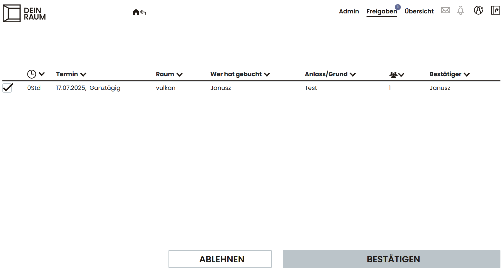 Listenansicht mit Arbeitsräumen, belegten und freien Plätzen sowie Optionen zum Buchen oder Freigeben.