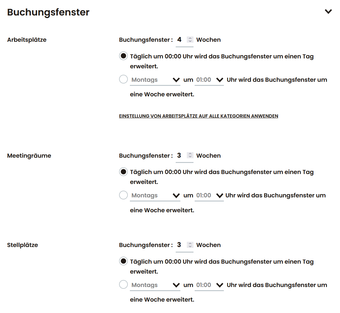 Listenansicht mit Arbeitsräumen, belegten und freien Plätzen sowie Optionen zum Buchen oder Freigeben.