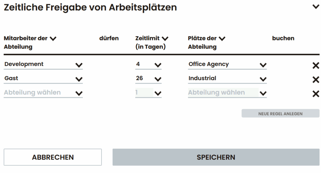 Regelbasierte Buchungsfreigabe für Abteilungen mit individuellem Zeitlimit für das Buchen fremder Arbeitsplätze.