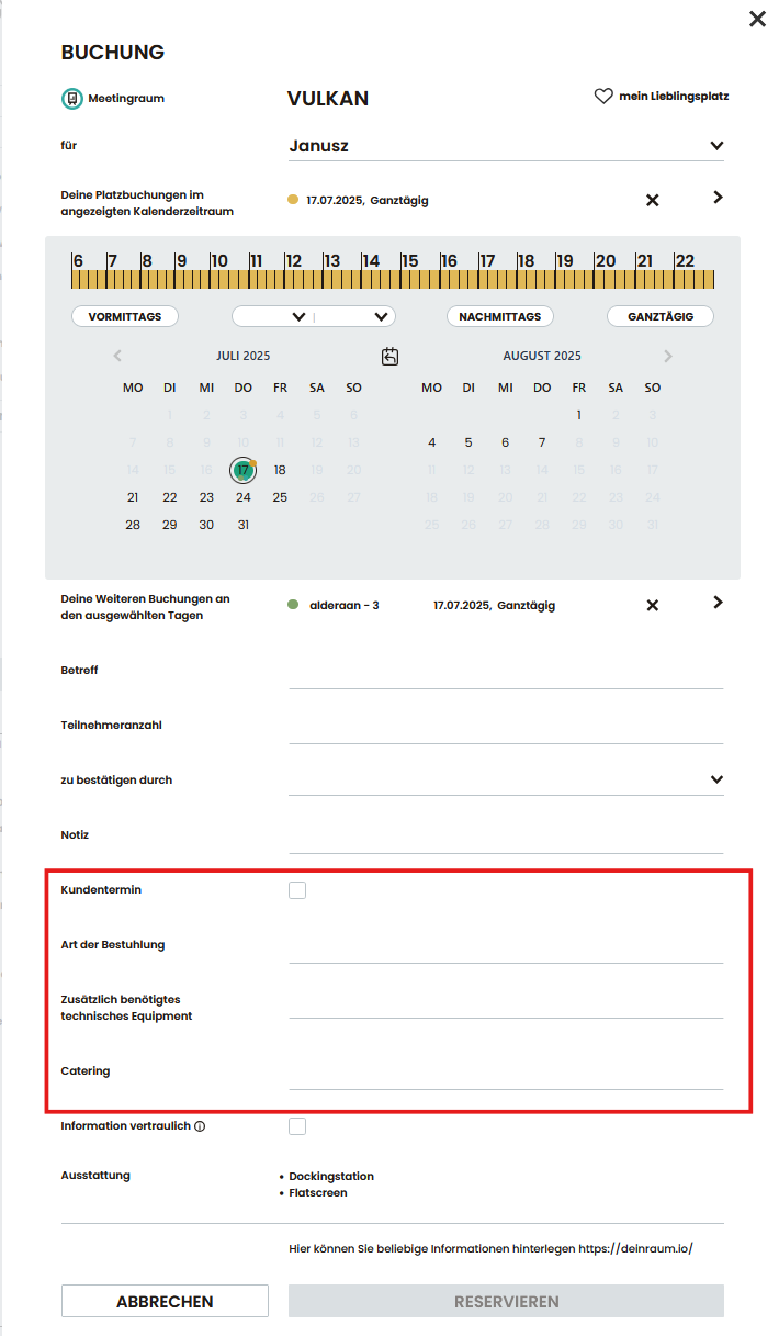 Buchungsmaske für einen Arbeitsplatz mit Kalenderauswahl, Favoritenfunktion und Angabe zur Ausstattung.