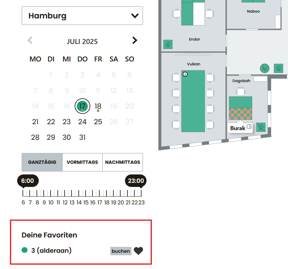 Listenansicht mit Arbeitsräumen, belegten und freien Plätzen sowie Optionen zum Buchen oder Freigeben.