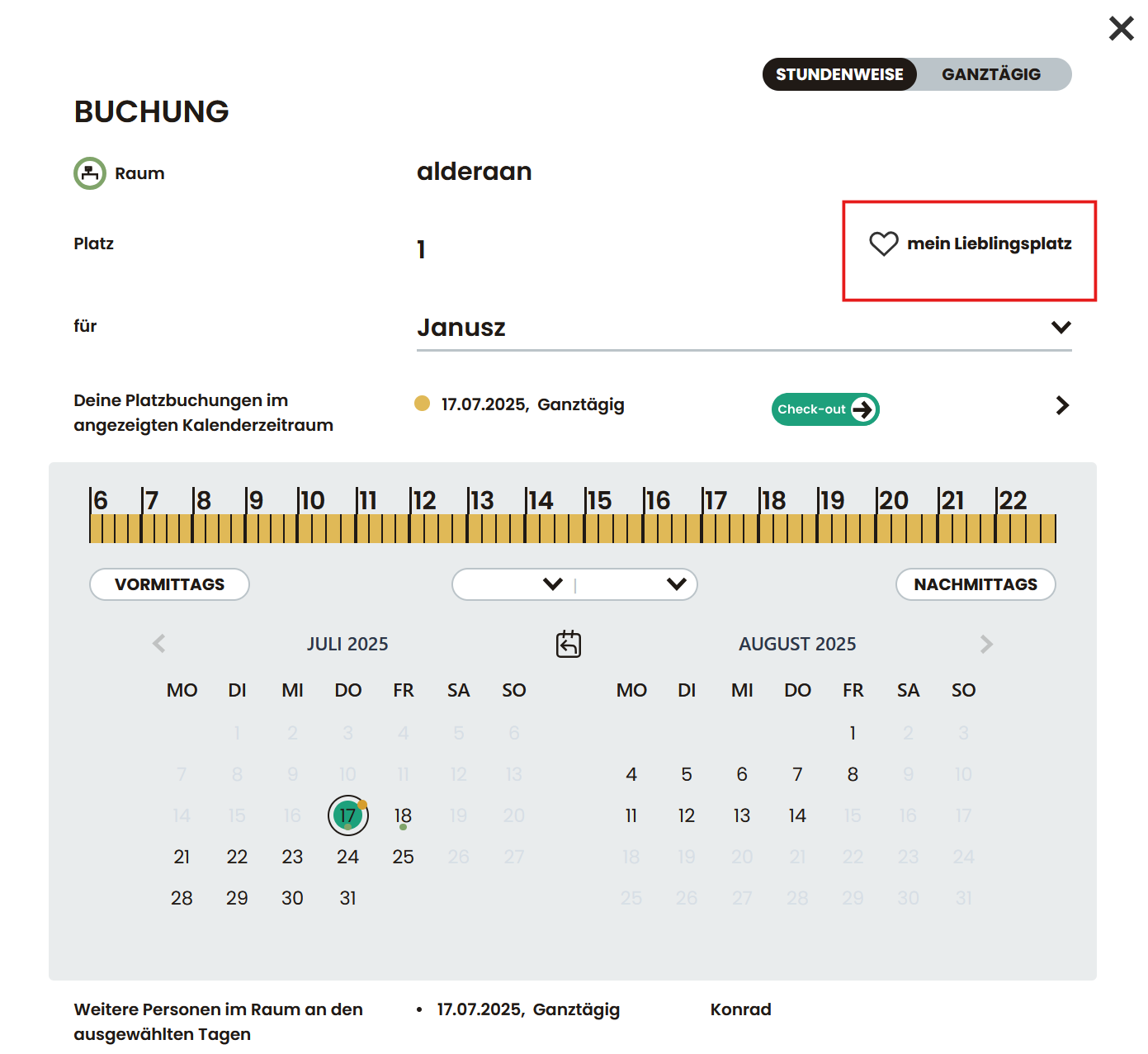 Grundrissansicht mit belegten, freien und reservierten Arbeitsplätzen sowie Raumbezeichnungen.