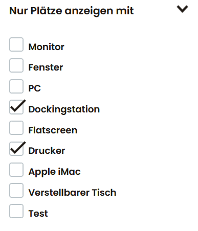 Filterliste zur Auswahl von Arbeitsplätzen mit bestimmter Ausstattung wie Dockingstation oder Drucker.