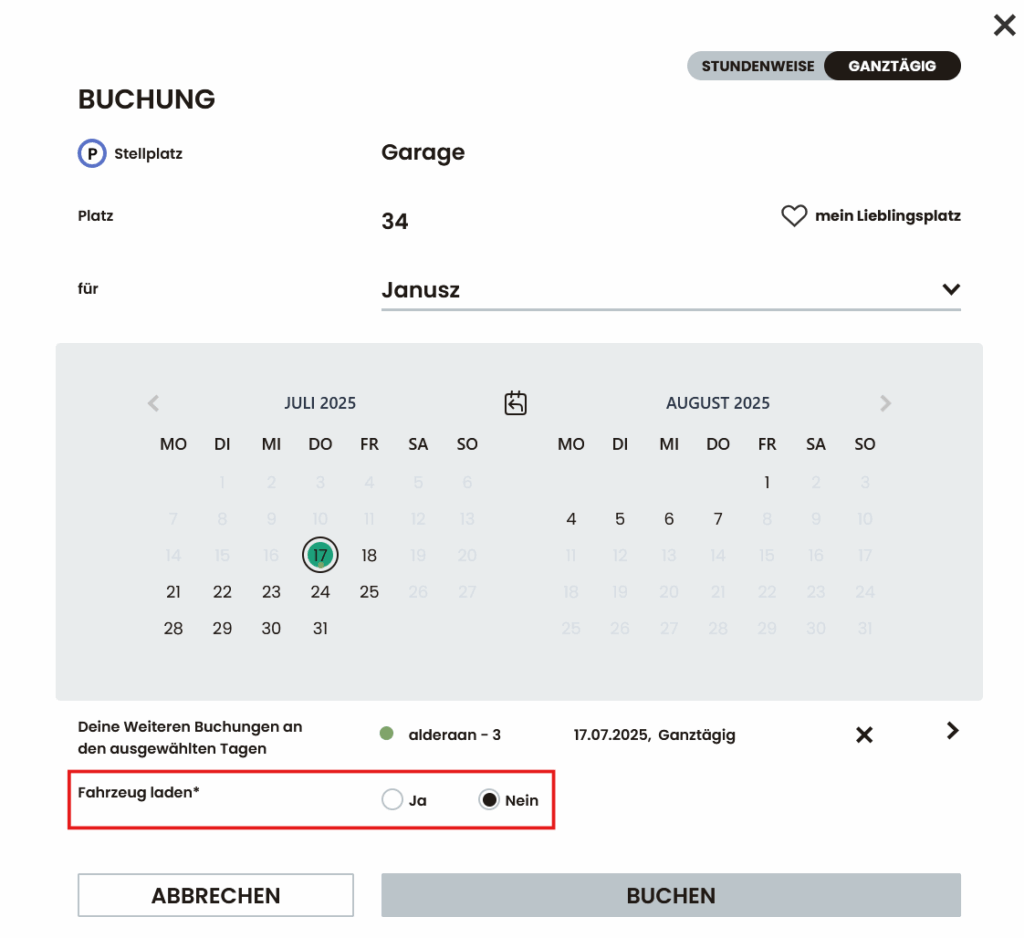 Buchungsmaske für einen Stellplatz mit Auswahlmöglichkeit zum Laden eines Fahrzeugs.