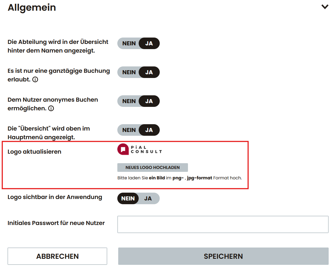 Einstellungen zur Individualisierung mit Option zum Logo-Upload und weiteren Konfigurationsmöglichkeiten.