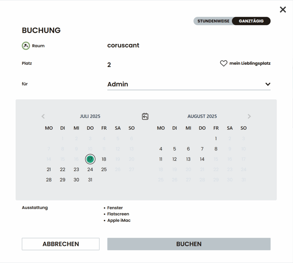 Buchungsmaske für einen Arbeitsplatz mit Kalenderauswahl, Favoritenfunktion und Angabe zur Ausstattung.