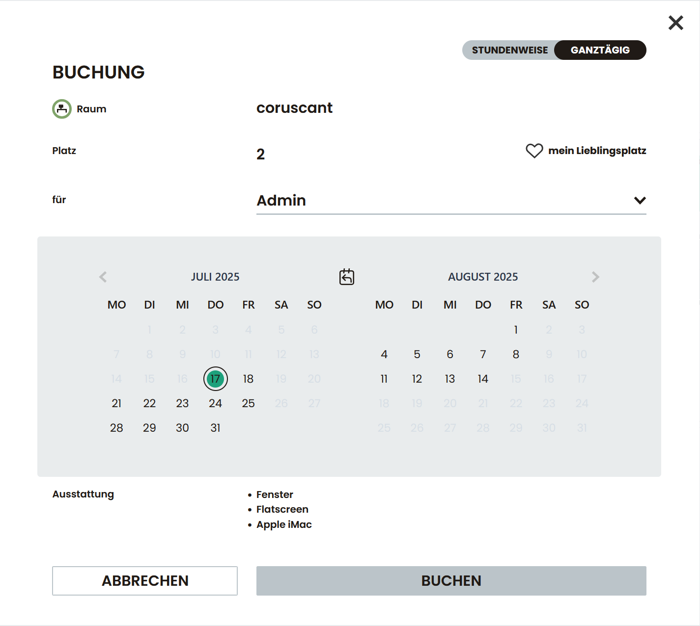 Buchungsmaske für einen Arbeitsplatz mit Kalenderauswahl, Favoritenfunktion und Angabe zur Ausstattung.