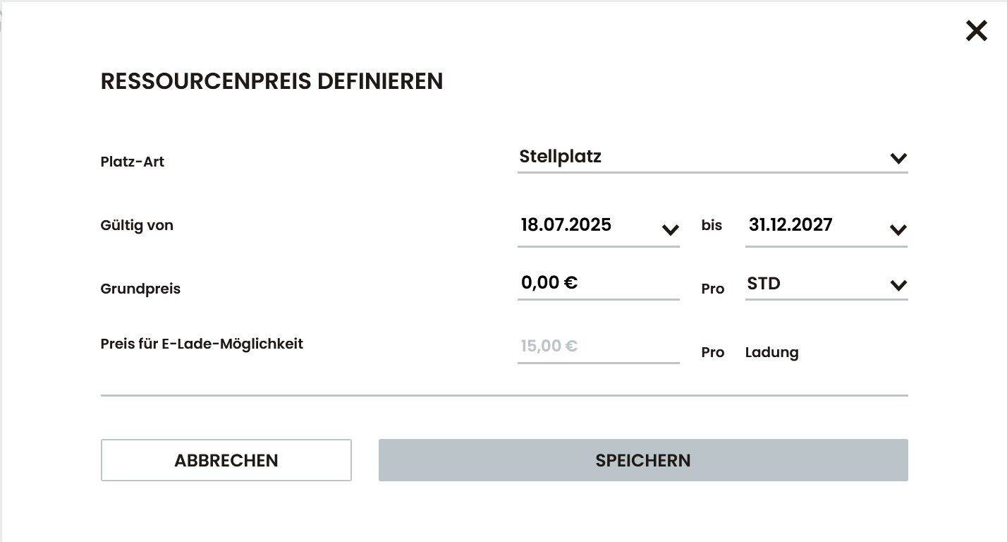 Formular zur Definition des Ressourcenpreises für Stellplätze mit optionaler Ladefunktion.