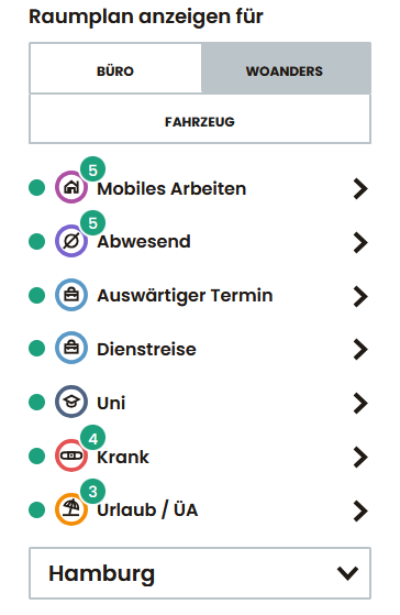 Buchungsmaske für einen Arbeitsplatz mit Kalenderauswahl, Favoritenfunktion und Angabe zur Ausstattung.