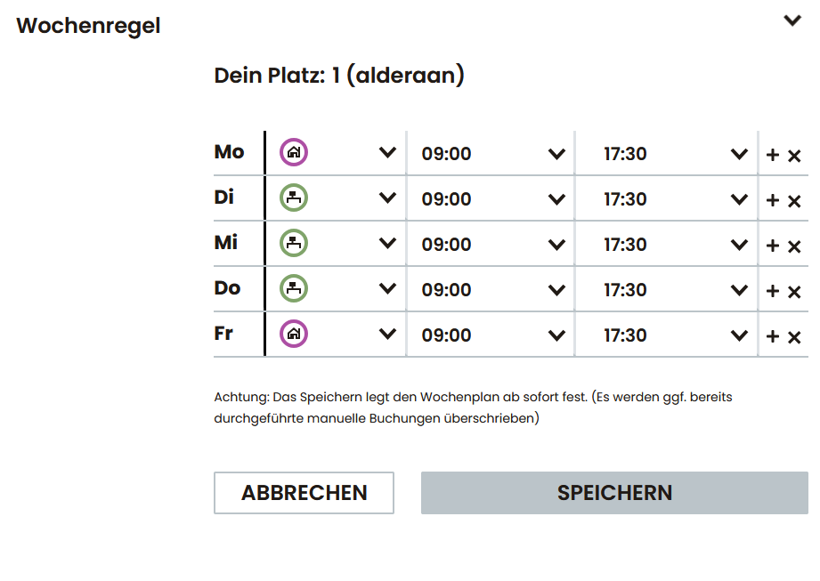 Buchungsmaske für einen Arbeitsplatz mit Kalenderauswahl, Favoritenfunktion und Angabe zur Ausstattung.