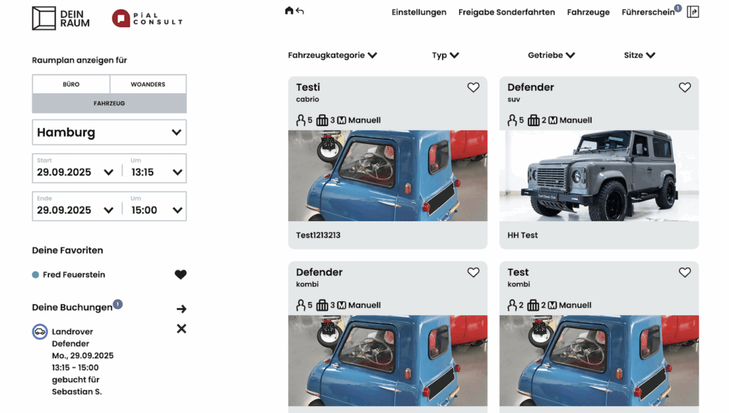 Startseite des Fuhrparkmoduls von DEIN RAUM zur einfachen Buchung und Verwaltung von Fahrzeugen.