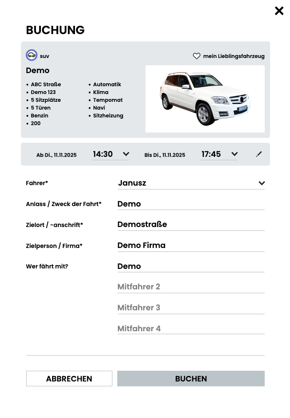 Benutzeroberfläche der DEIN RAUM Fuhrparkmanagement Software mit geöffnetem Buchungsdialog. Ein SUV ist ausgewählt, daneben stehen Buchungsdetails wie Zeitraum, FahrerIn, Zieladresse und Mitfahrende.