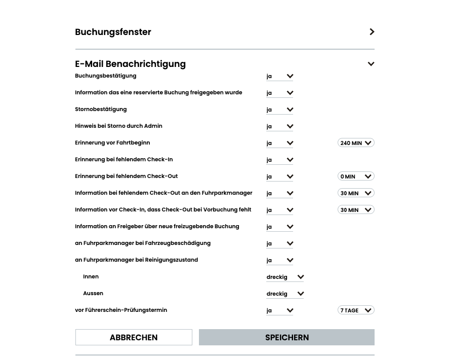 Einstellungen für E-Mail-Benachrichtigungen im DEIN RAUM Fuhrparkmodul mit Optionen für Buchungsbestätigungen, Erinnerungen und Prüfhinweise.