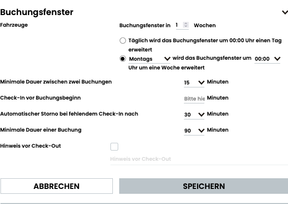 Einstellungen zum Buchungsfenster in der DEIN RAUM Fuhrparkmanagement Software mit Zeitintervallen und Check-in-Regeln.