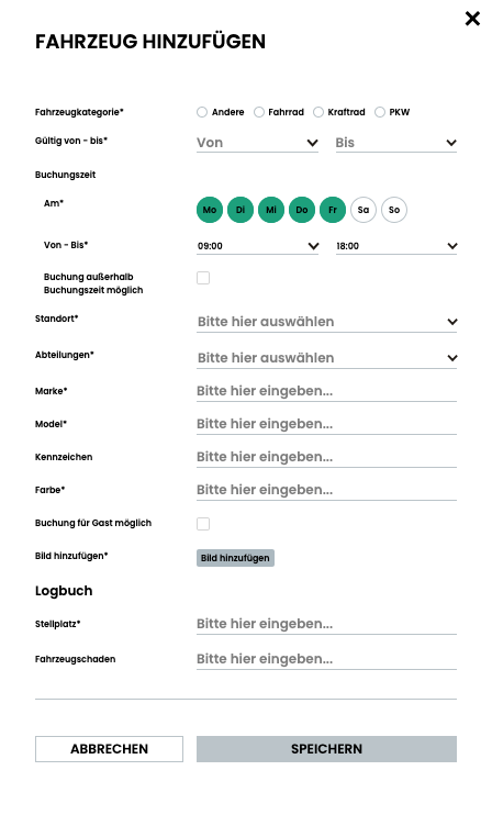 Maske zum Hinzufügen eines neuen Fahrzeugs in der DEIN RAUM Fuhrparkmanagement Software mit Eingabefeldern zu Kategorie, Marke und Standort.