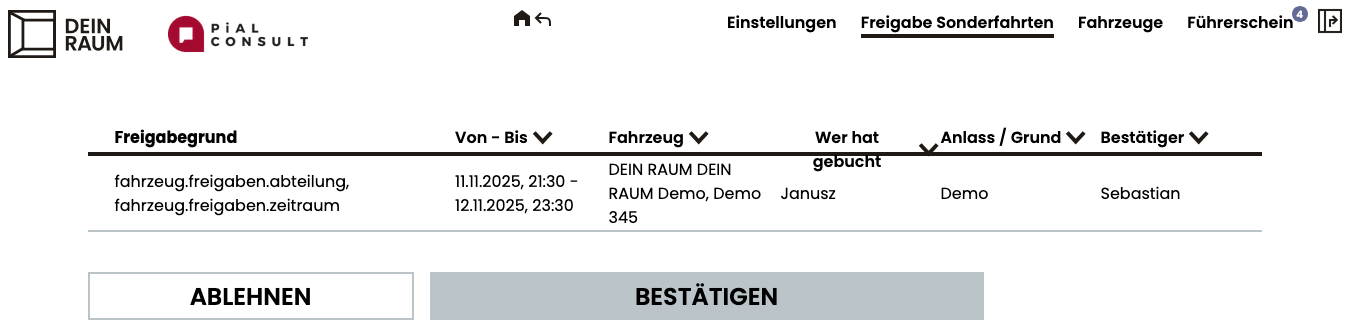 Freigabeansicht für Sonderfahrten im DEIN RAUM Fuhrparkmodul mit Informationen zu Zeitraum, Fahrzeug, Fahrzweck und Bestätigung.