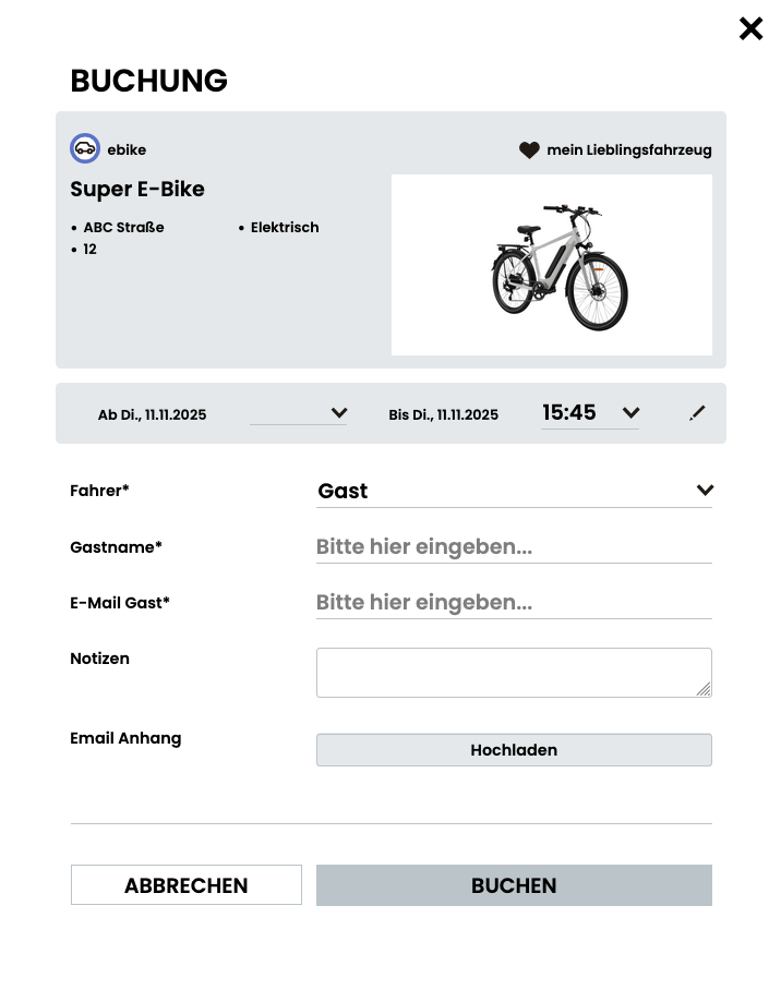 Gastbuchungsmaske in der DEIN RAUM Fuhrparkmanagement Software für ein E-Bike mit Eingabefeldern zu Gastname, E-Mail und Buchungszeitraum.