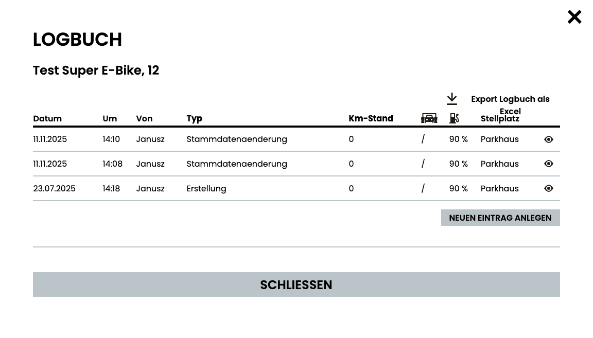 Im Logbuch-Modul erfassen Nutzende wichtige Fahrzeuginformationen wie Kilometerstand, Tankfüllung und Reinigung. Diese Daten werden automatisch gespeichert und können später für Auswertungen oder Nachweise exportiert werden – eine verlässliche Grundlage für transparentes Fuhrparkmanagement.