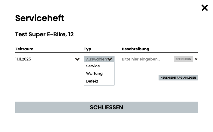 Serviceheft-Ansicht in der DEIN RAUM Fuhrparkmanagement Software mit Einträgen zu Wartung, Service oder Defekt.