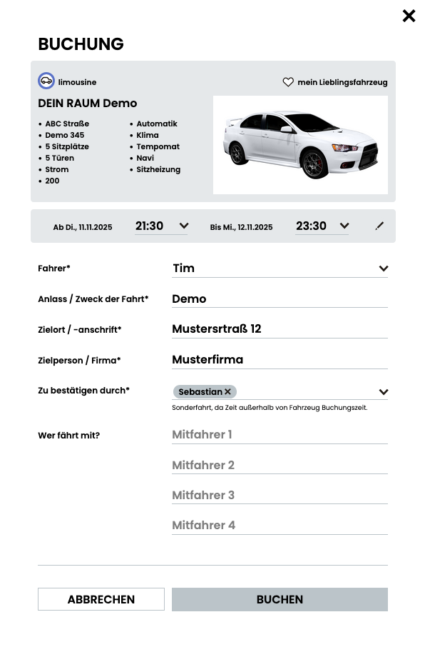 Buchungsfenster in der DEIN RAUM Fuhrparkmanagement Software für eine Sonderfahrt außerhalb der regulären Buchungszeiten.