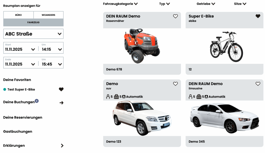 Startseite des DEIN RAUM Fuhrparkmoduls mit Auswahl für Fahrzeugbuchung, Fahrzeugtyp und Standort sowie angezeigten Fahrzeugen.