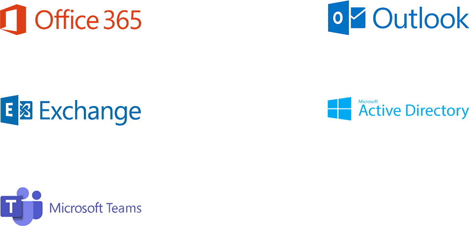 Microsoft-Integration in DEIN RAUM Darstellung von Microsoft-Diensten mit Logos von Office 365, Outlook, Exchange, Active Directory und Microsoft Teams auf transparentem Hintergrund.