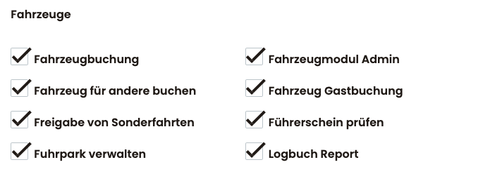 Ansicht mit aktivierten Kontrollkästchen für verschiedene Fuhrparkfunktionen in der DEIN RAUM Software.